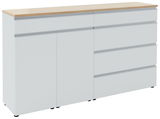 Weißes Sideboard mit Holzoberfläche, zwei Türen und vier Schubladen, seitliche Perspektive