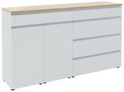 Weißes Sideboard mit Holzoberfläche, zwei Türen und vier Schubladen, seitliche Perspektive