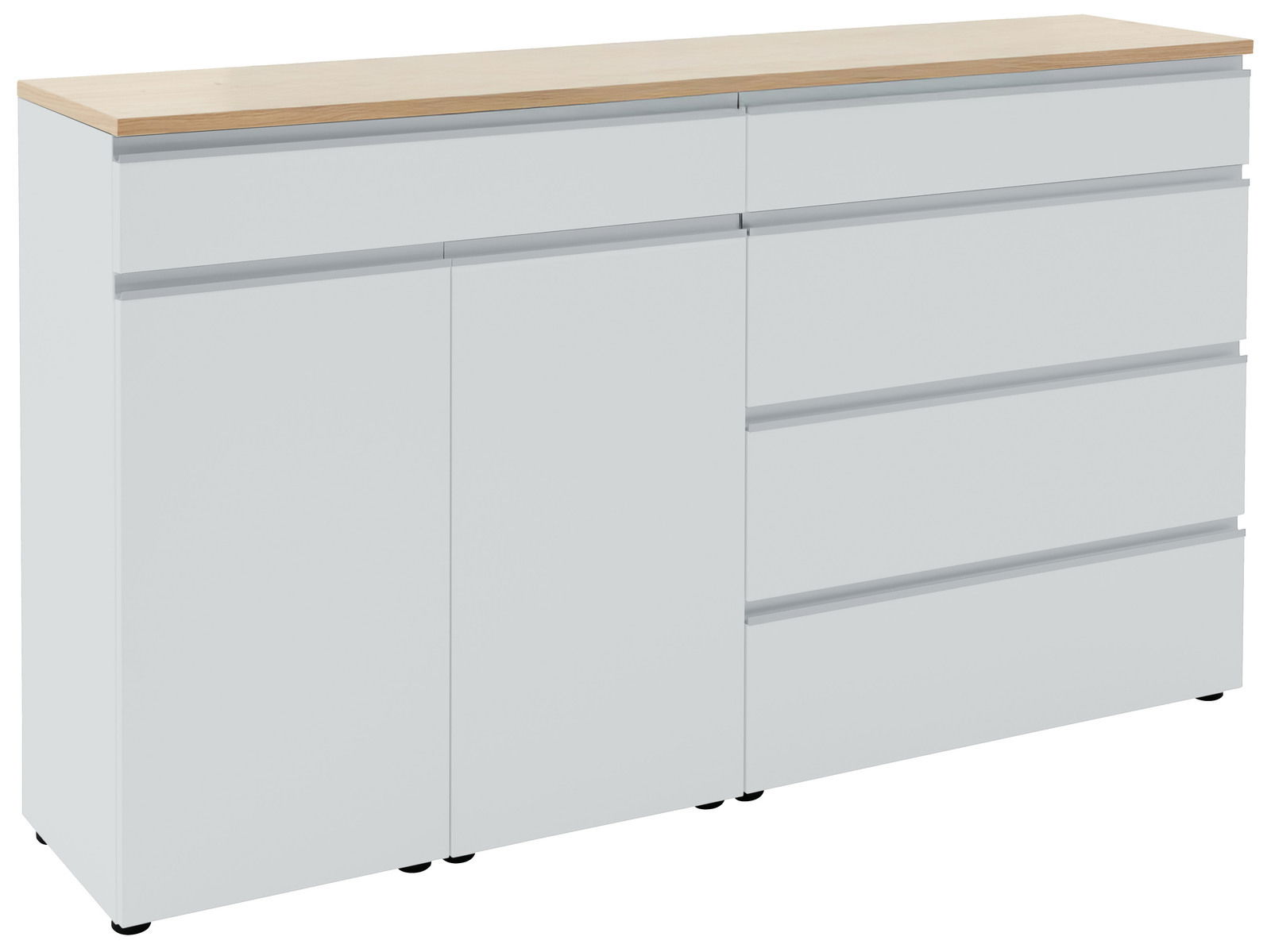 Weißes Sideboard mit Holzoberfläche, zwei Türen und vier Schubladen, seitliche Perspektive