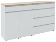 Weißes Sideboard mit Holzoberfläche, zwei Türen und vier Schubladen, seitliche Perspektive