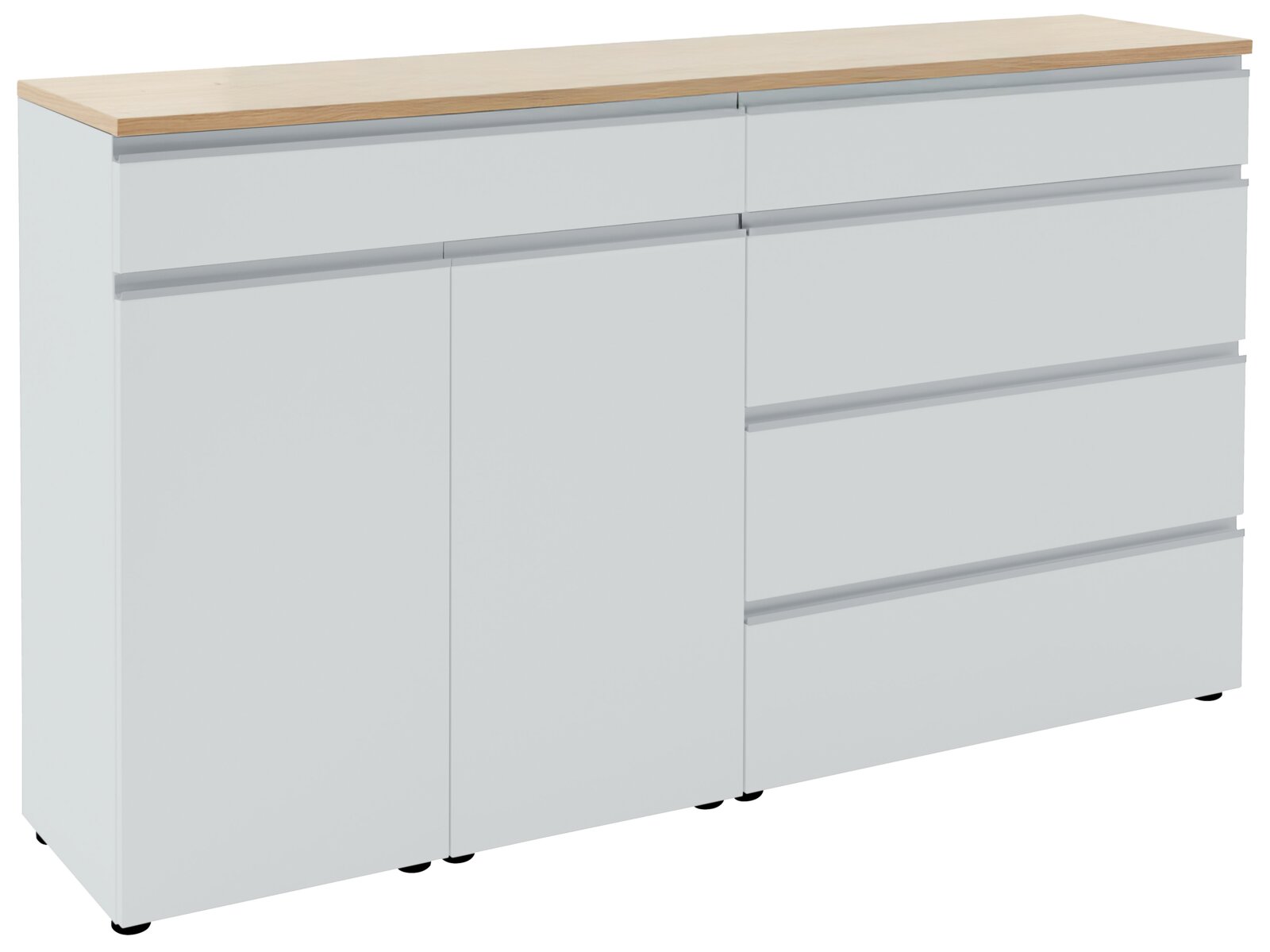 Weißes Sideboard mit Holzoberfläche, zwei Türen und vier Schubladen, seitliche Perspektive
