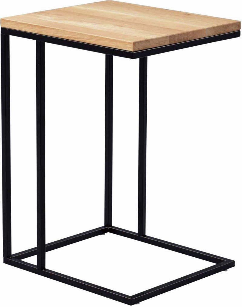 Moderner Beistelltisch mit Holzplatte und schwarzem Metallgestell, seitliche Perspektive