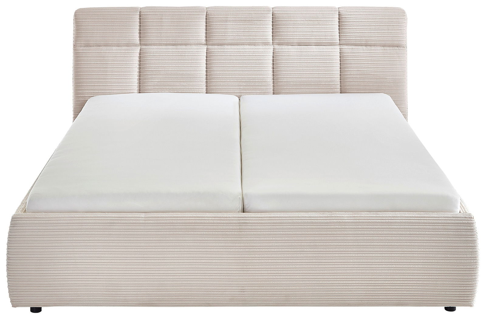 Frontale Ansicht eines cremefarbenen Polsterbetts mit gestepptem Kopfteil und zwei Matratzen.