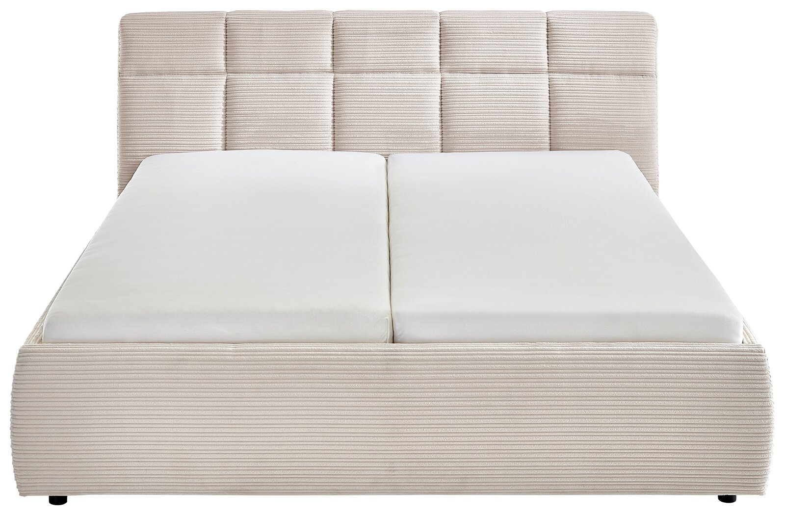 Frontale Ansicht eines cremefarbenen Polsterbetts mit gestepptem Kopfteil und zwei Matratzen.