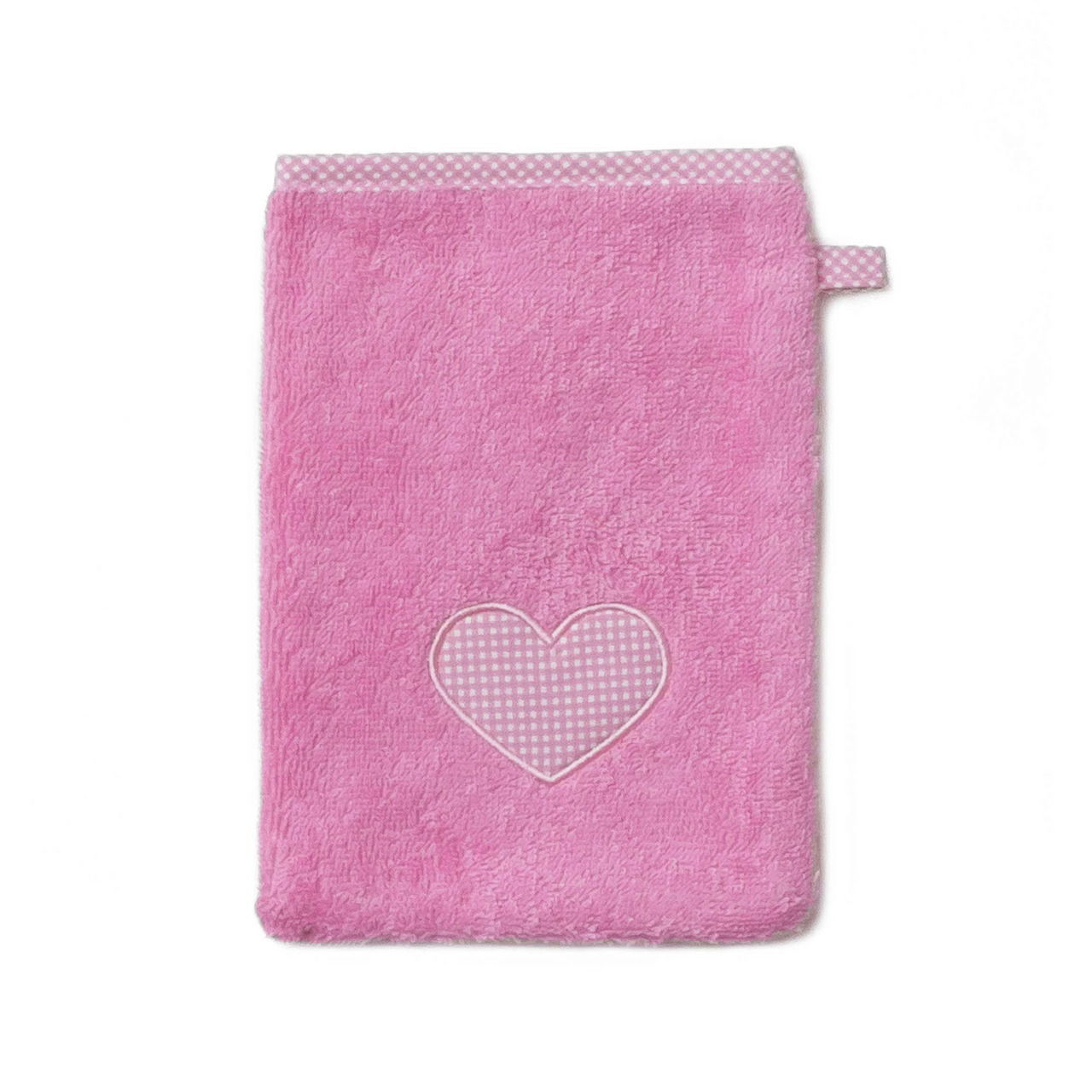 Rosa Kinderwaschlappen mit Herzmotiv, Vorderansicht
