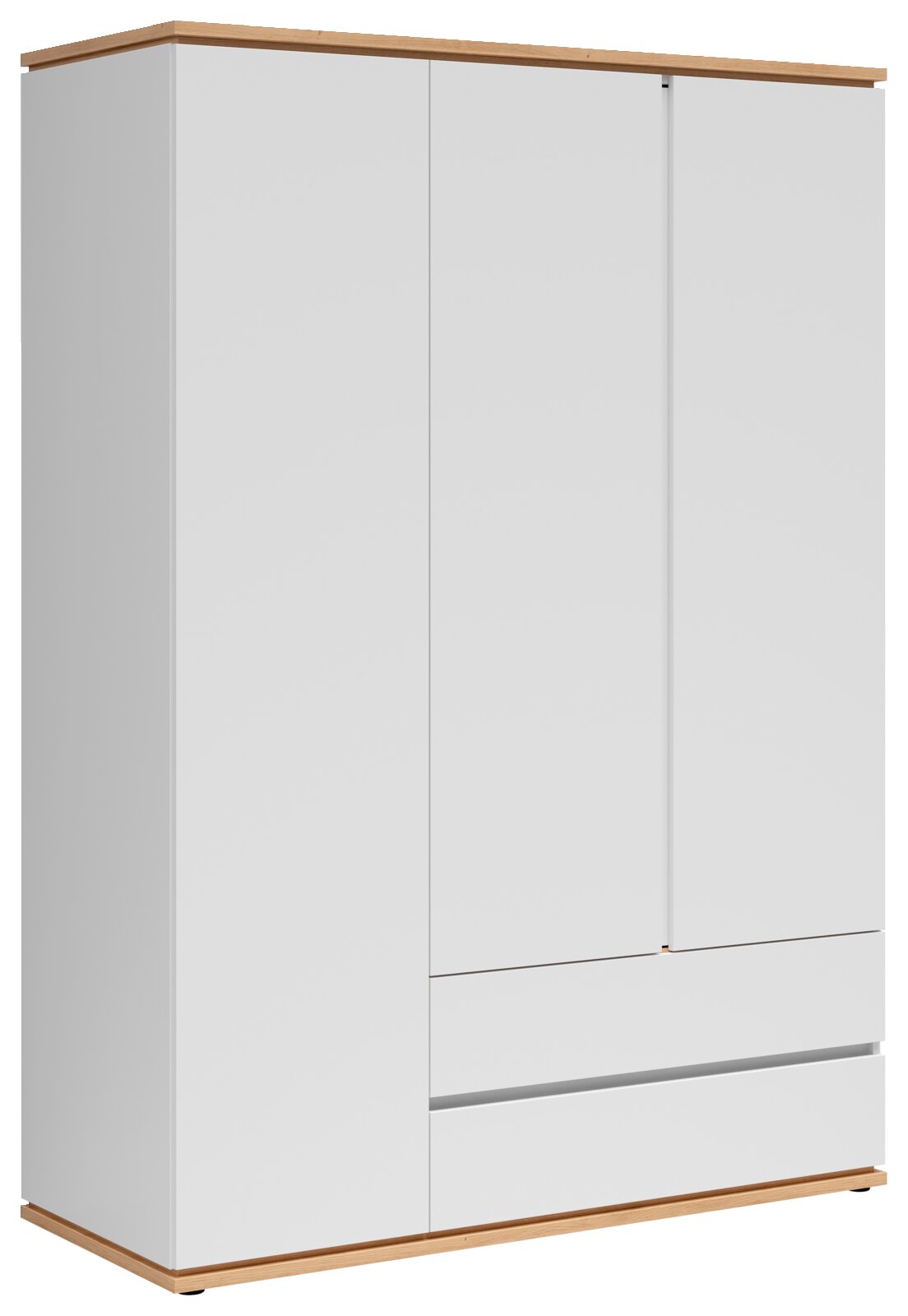 Weißer Kleiderschrank mit zwei Türen und zwei Schubladen, mit Holzdeckplatte und Holzsockel, fotografiert in leichter Front-Links-Perspektive.