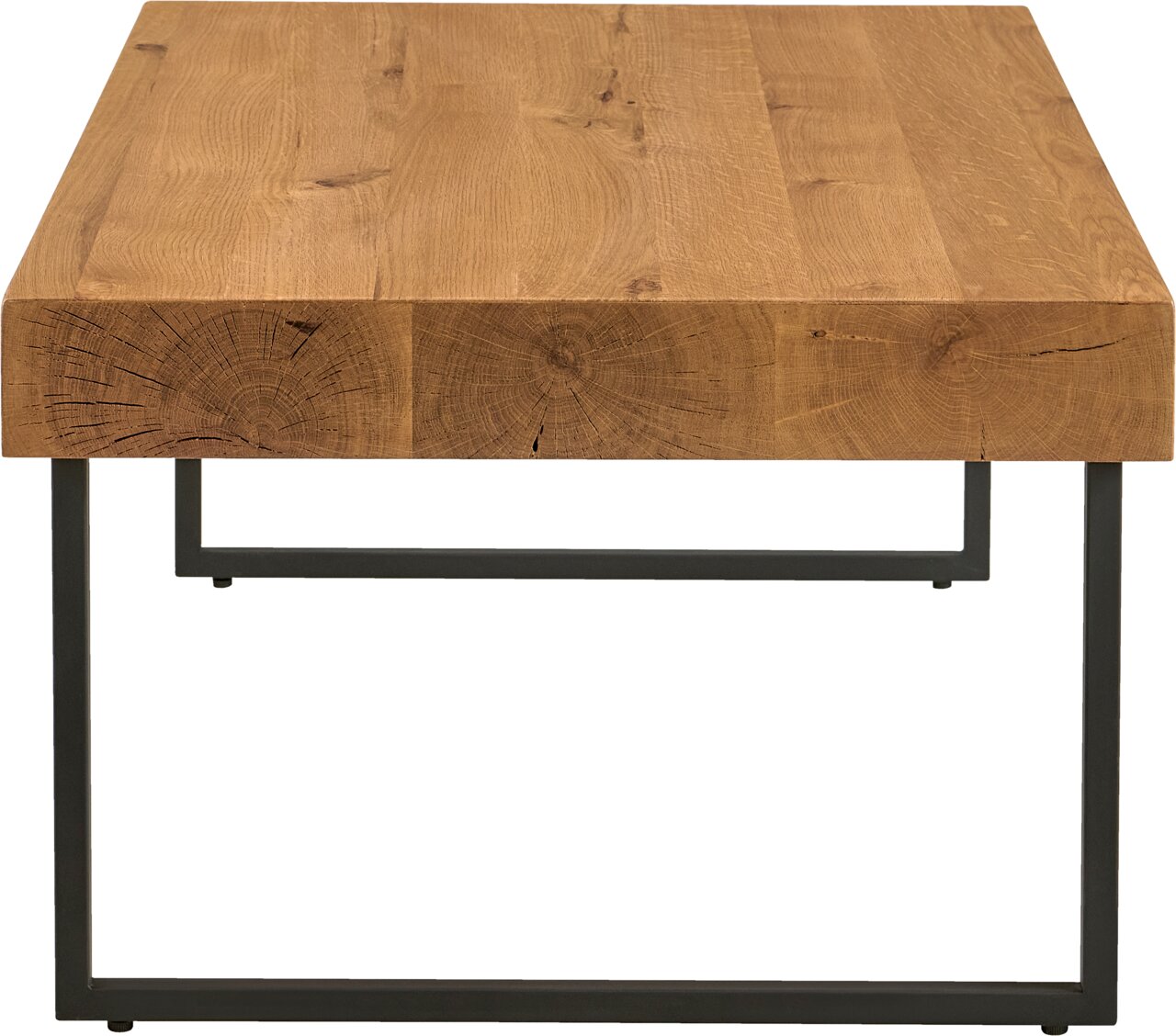 Moderner Couchtisch aus Holz mit Metallgestell, Frontalansicht