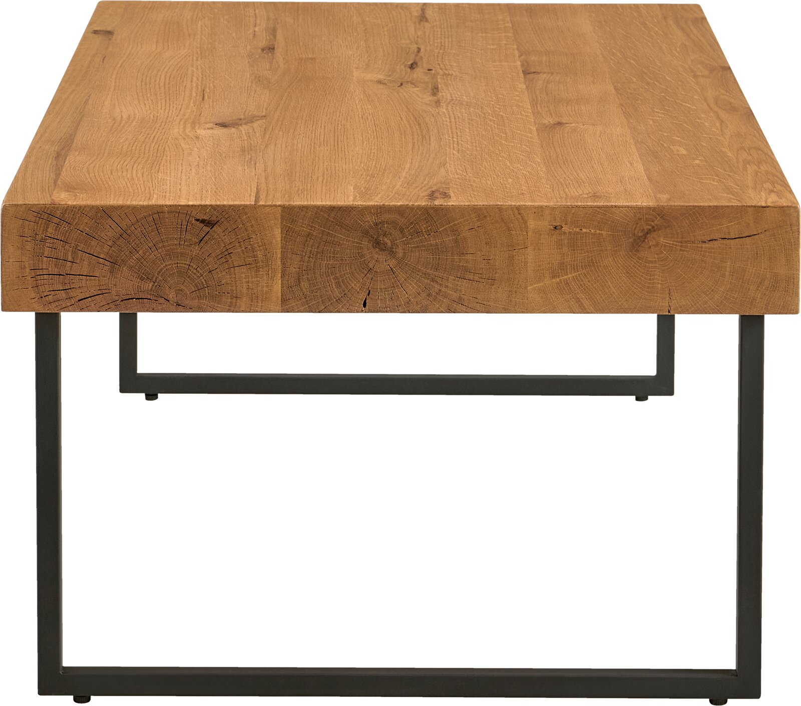 Moderne houten salontafel met metalen onderstel, vooraanzicht