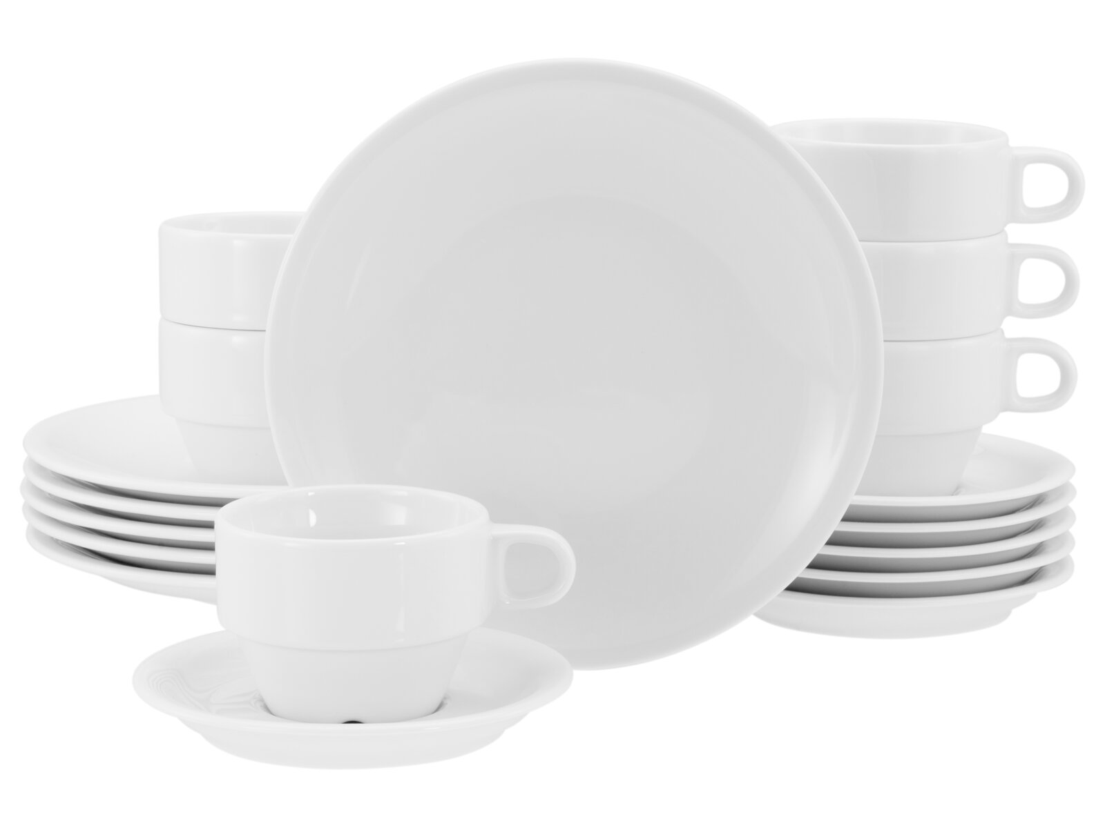 creaTable Kaffeeservice 18-tlg MILANO Weißes Porzellan-Geschirrset mit großen Tellern, stapelbaren Untertassen und Espressotassen, frontal in leichter Schrägansicht fotografiert.