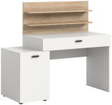 Moderner Schreibtisch mit weißem Korpus und Holzregalen, seitliche Perspektive