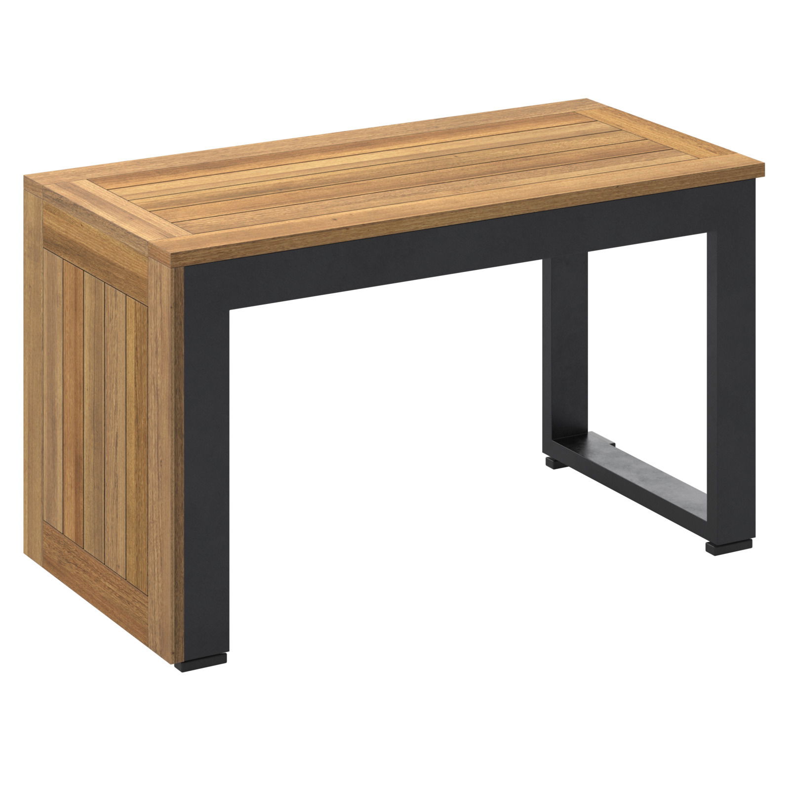 Moderner Beistelltisch aus Holz mit schwarzem Metallrahmen, seitliche Perspektive