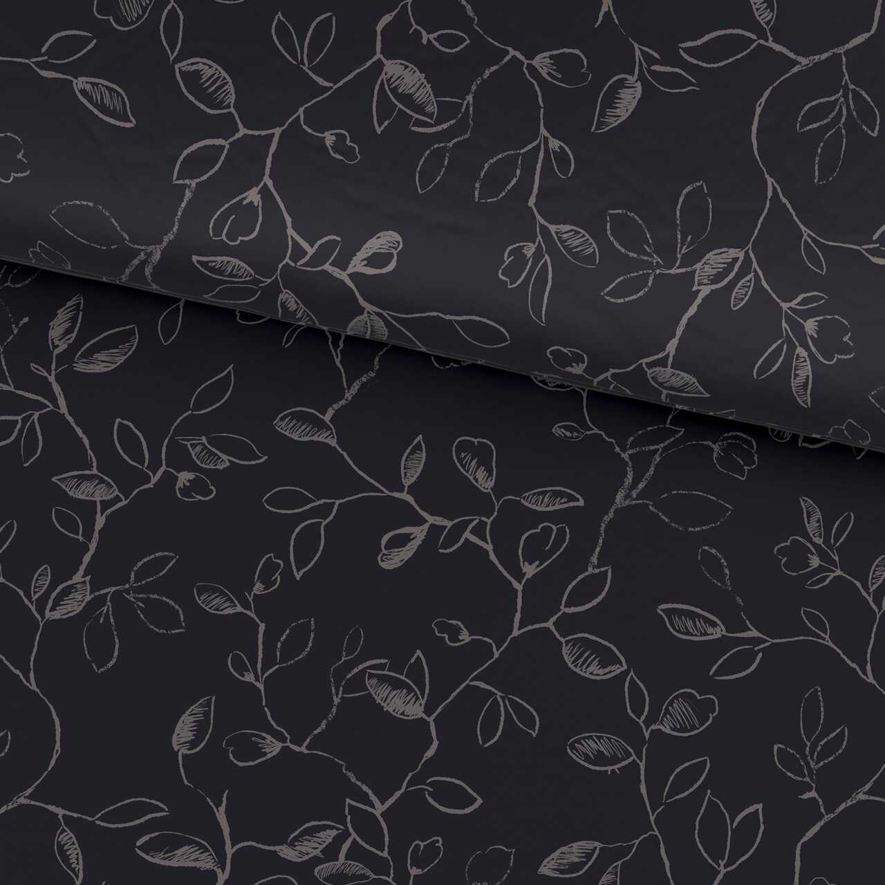 Dunkelblaue Bettwäsche mit floralem Muster aus weißen Zweigen und Blättern, Draufsicht