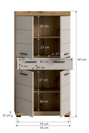 Frontansicht eines hohen Schranks in Holzoptik mit weißen Türen und schwarzem Griff, mittlerer Schublade und offenen Fächern; Maßgrafik zeigt u. a. 141 cm Höhe, 74 cm Breite und 31 cm Tiefe