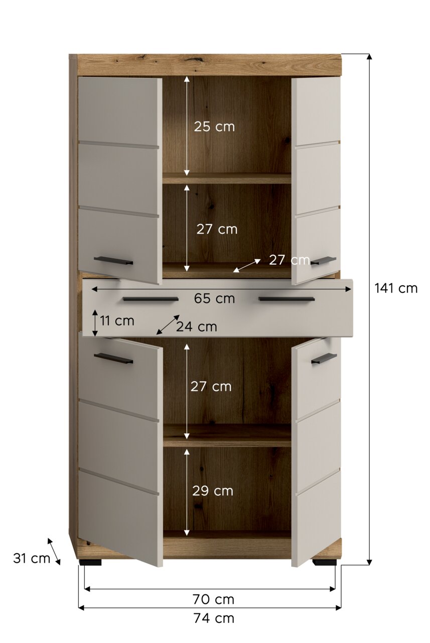 Frontansicht eines hohen Schranks in Holzoptik mit weißen Türen und schwarzem Griff, mittlerer Schublade und offenen Fächern; Maßgrafik zeigt u. a. 141 cm Höhe, 74 cm Breite und 31 cm Tiefe