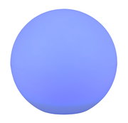 Kugelförmige Solar-Außenleuchte MELO in blauer Beleuchtung, seitliche Perspektive
