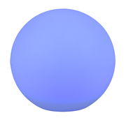 Kugelförmige Solar-Außenleuchte MELO in blauer Beleuchtung, seitliche Perspektive