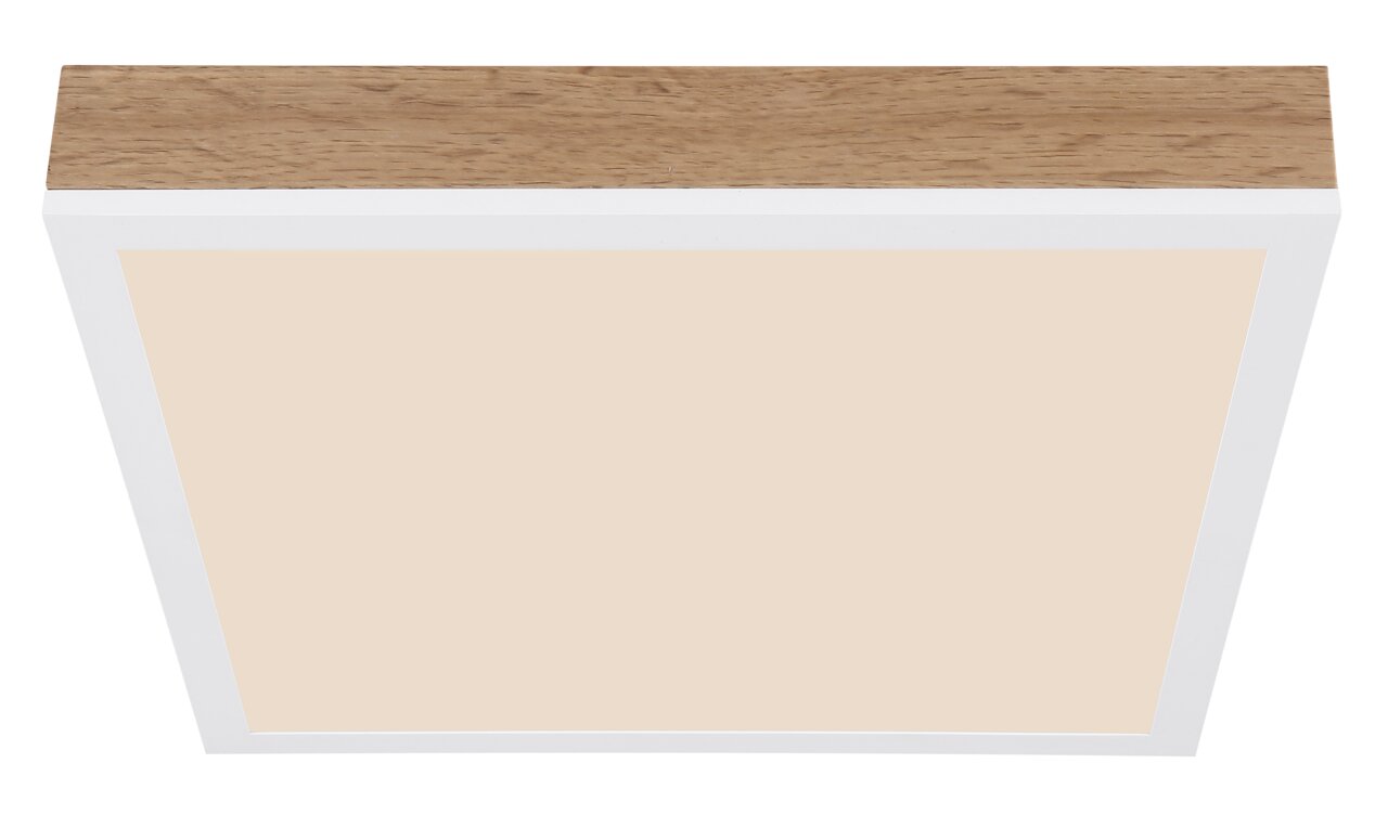 Quadratische Deckenleuchte mit Holzoptik von unten betrachtet