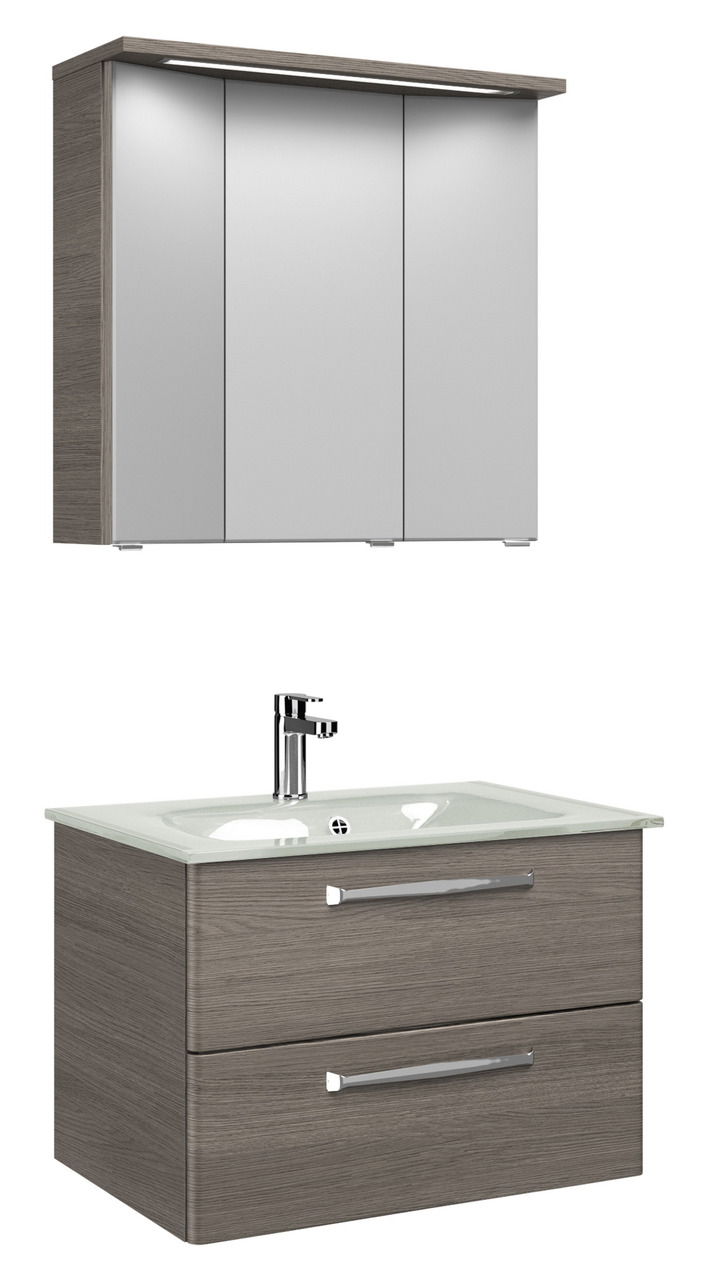 Moderner Badblock mit Spiegelschrank und Waschbecken, Frontansicht