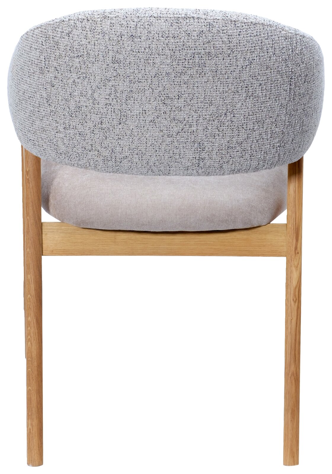 Achterkant van een fauteuil met grijze stoffen bekleding en houten poten