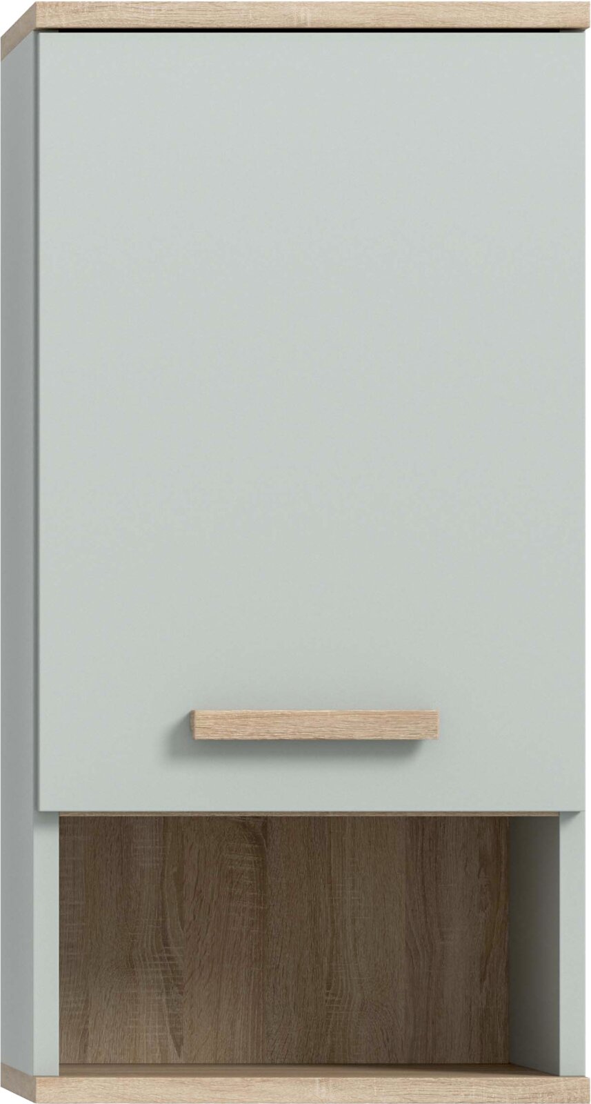 Moderner Nachttisch/Beistellschrank in Hellgrau mit Holzgriff und Holzdekor, frontale Ansicht