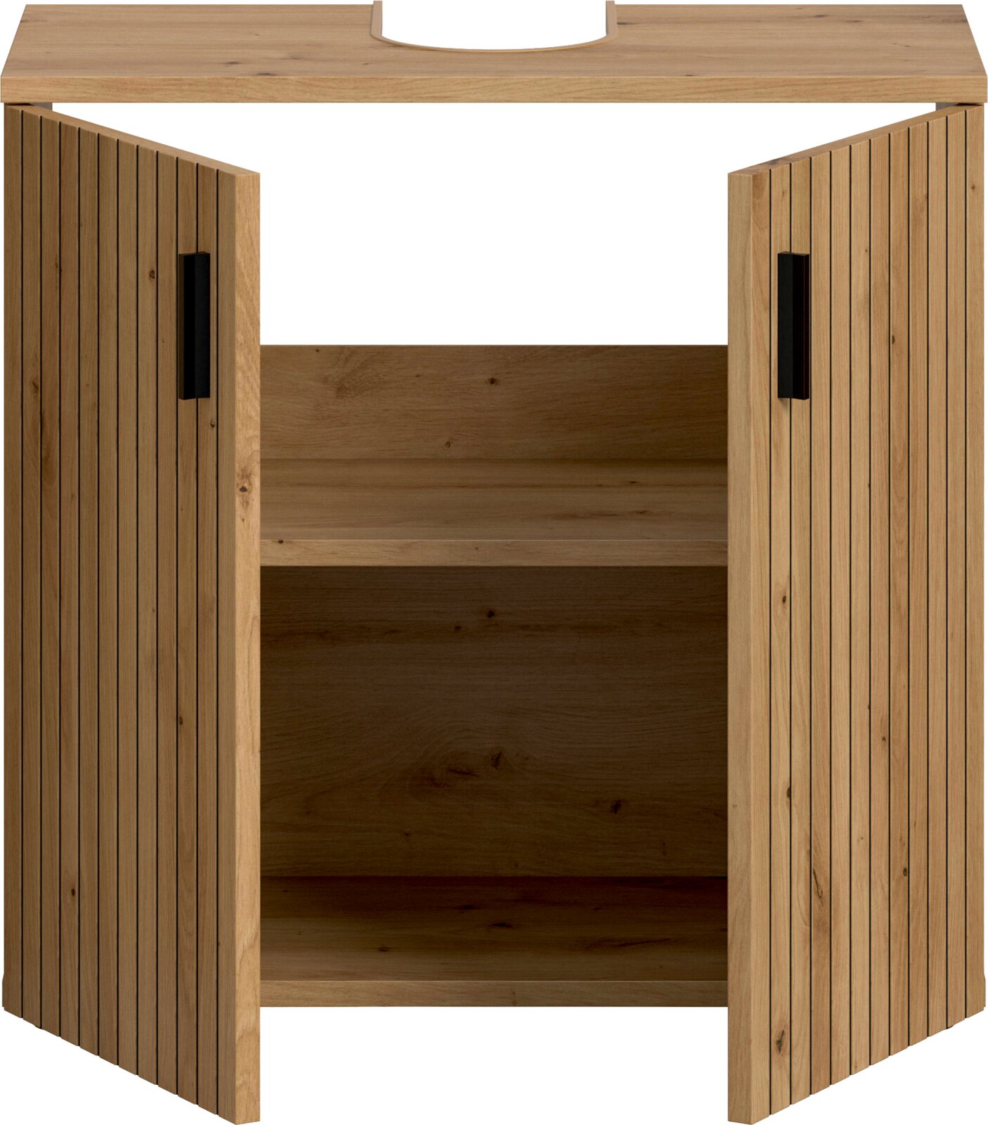 Holz-Waschtischunterschrank in Eiche-Optik mit Lamellenfront und schwarzen Griffen, beide Türen geöffnet und Innenfächer sichtbar, frontale Ansicht