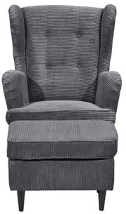 Grauer Ohrensessel aus Cord mit hoher Rückenlehne, Armlehnen und passendem Fußhocker, Frontansicht