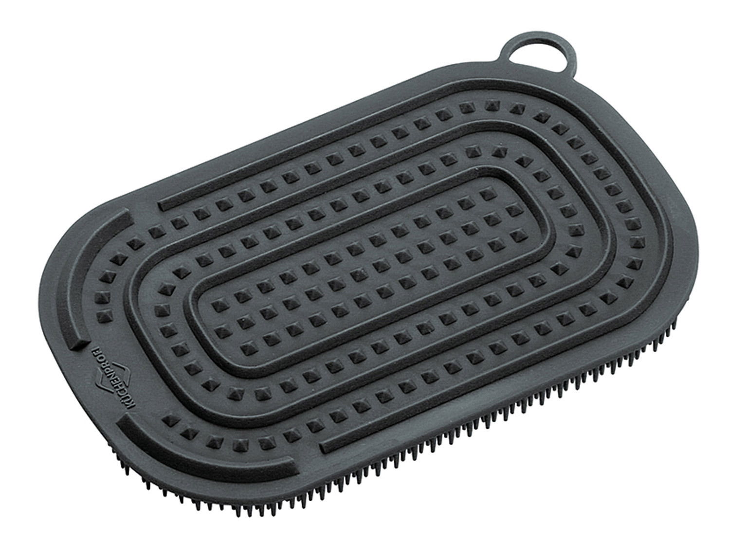 Schwarzer Silikonschwamm mit Noppenstruktur, von oben betrachtet.