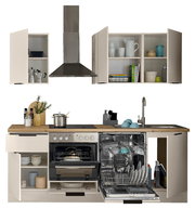 Küchenblock 220 mit geöffneter Perspektive, zeigt Schränke, Herd, Spülmaschine und Spüle, gefüllt mit Geschirr und Küchenutensilien.