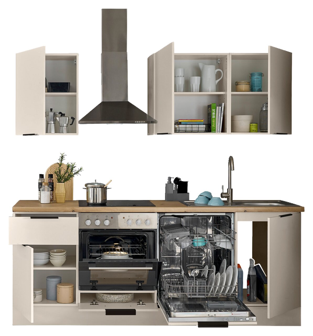 Küchenblock 220 mit geöffneter Perspektive, zeigt Schränke, Herd, Spülmaschine und Spüle, gefüllt mit Geschirr und Küchenutensilien.