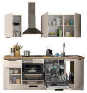 Küchenblock 220 mit geöffneter Perspektive, zeigt Schränke, Herd, Spülmaschine und Spüle, gefüllt mit Geschirr und Küchenutensilien.