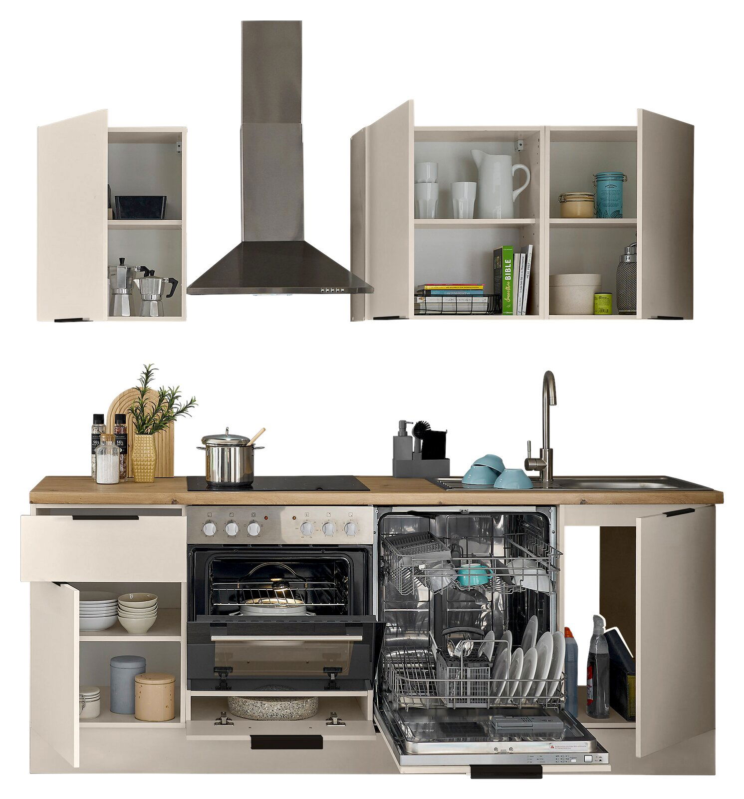Küchenblock 220 mit geöffneter Perspektive, zeigt Schränke, Herd, Spülmaschine und Spüle, gefüllt mit Geschirr und Küchenutensilien.