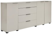 Helles Sideboard in Beige mit vier Türen und drei mittigen Schubladen, schwarzen Griffleisten und Füßen, gezeigt in leicht schräger Vorderansicht von links.