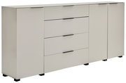 Helles Sideboard in Beige mit vier Türen und drei mittigen Schubladen, schwarzen Griffleisten und Füßen, gezeigt in leicht schräger Vorderansicht von links.