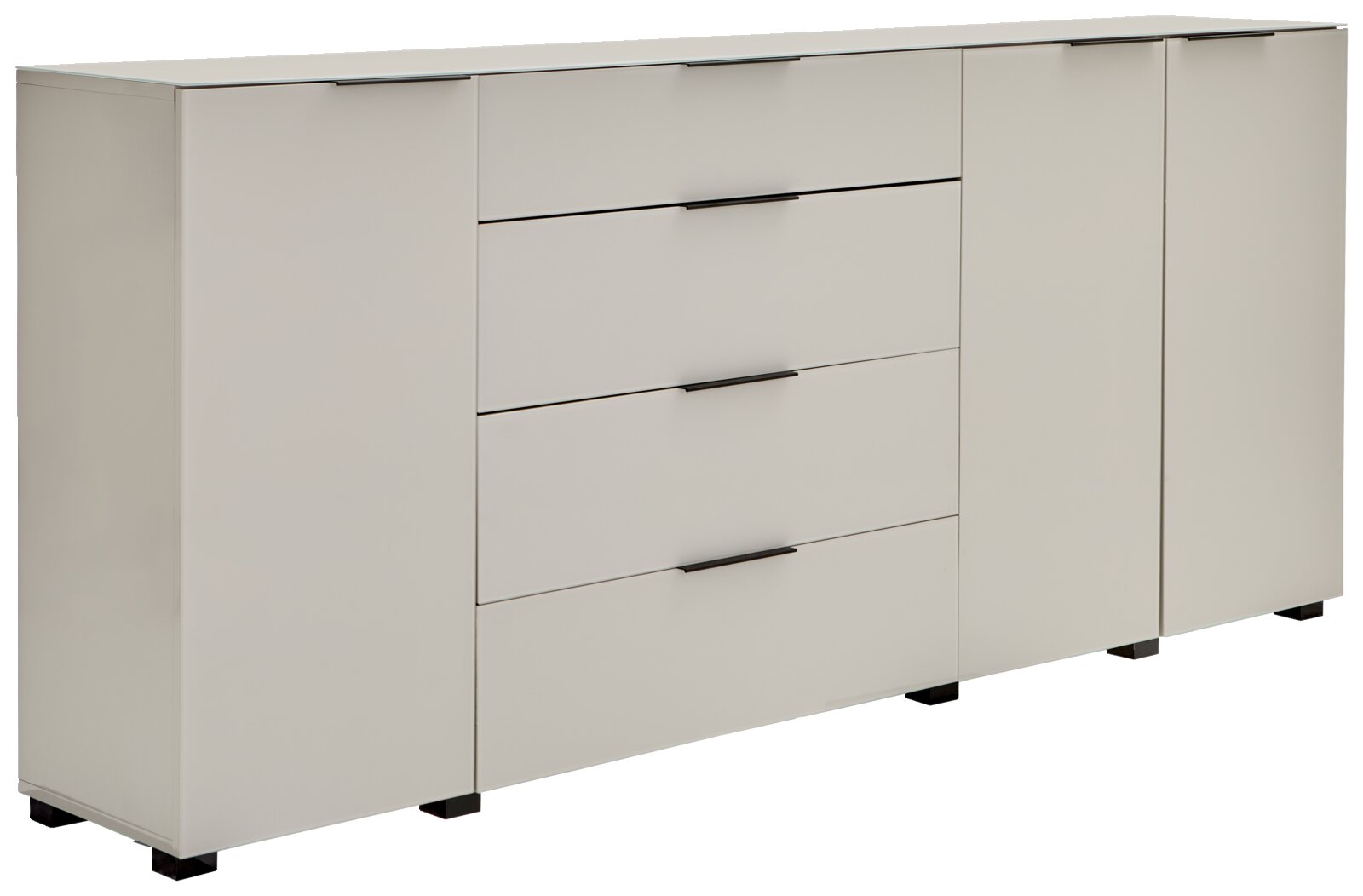 Novel XL-Sideboard MALIN 2.0 Helles Sideboard in Beige mit vier Türen und drei mittigen Schubladen, schwarzen Griffleisten und Füßen, gezeigt in leicht schräger Vorderansicht von links.