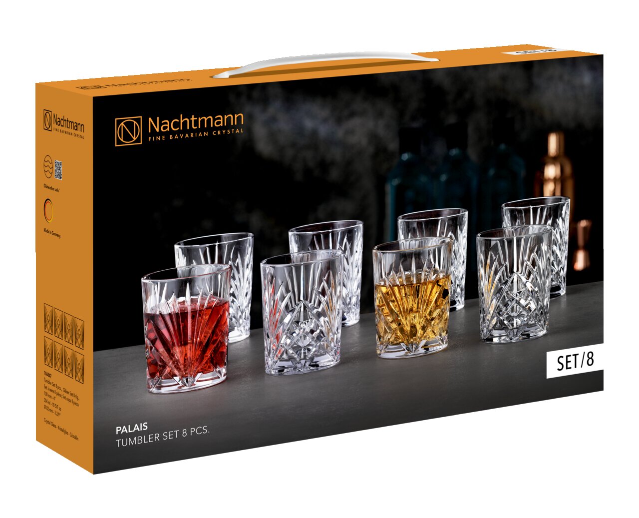 Nachtmann Palais Tumbler Set (8 Stück) in Verpackung, Kristall-Whiskygläser mit Schliffmuster, schräg von vorn links fotografiert