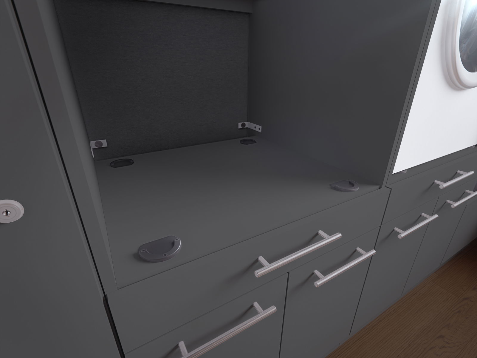 Nahaufnahme eines grauen Geräteschranks mit mehreren Schubladen und silbernen Griffen, seitliche Perspektive.