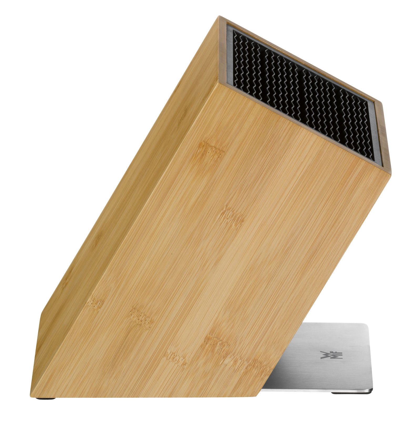 Schrägansicht eines unbestückten Messerblocks aus Bambus mit schwarzem Einsatz und Metallfuß.