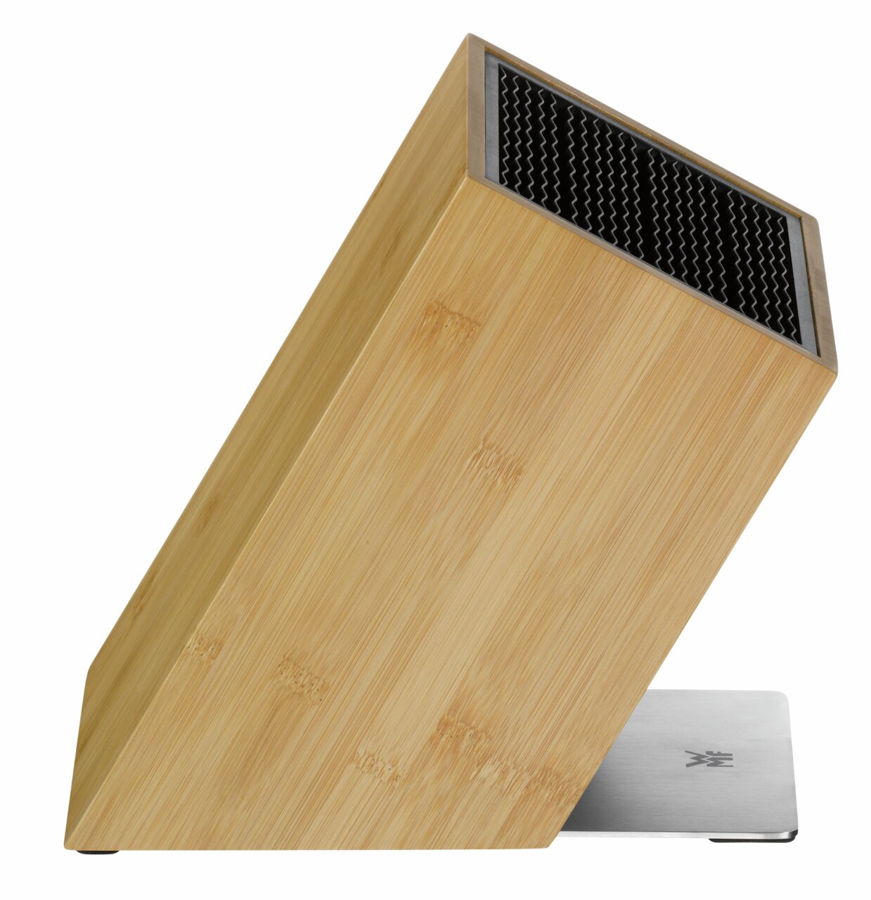 Schrägansicht eines unbestückten Messerblocks aus Bambus mit schwarzem Einsatz und Metallfuß.