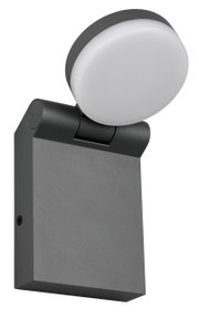 Moderne wandlamp ADOUR in zijaanzicht met een ronde, draaibare lampkop en een rechthoekige wandbevestiging in donkergrijs.