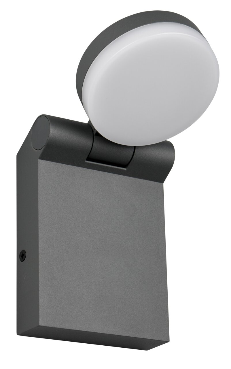 Moderne wandlamp ADOUR in zijaanzicht met een ronde, draaibare lampkop en een rechthoekige wandbevestiging in donkergrijs.