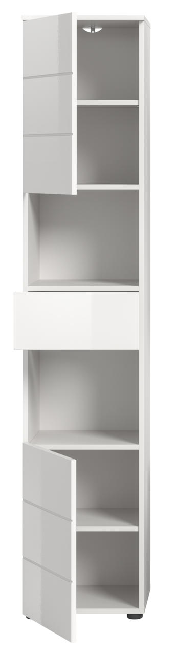 Hochschrank in weiß mit drei offenen Türen und einem Schubfach, frontal betrachtet.