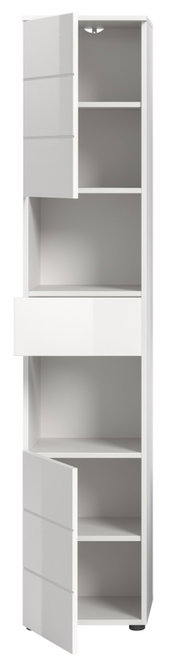 Hochschrank in weiß mit drei offenen Türen und einem Schubfach, frontal betrachtet.