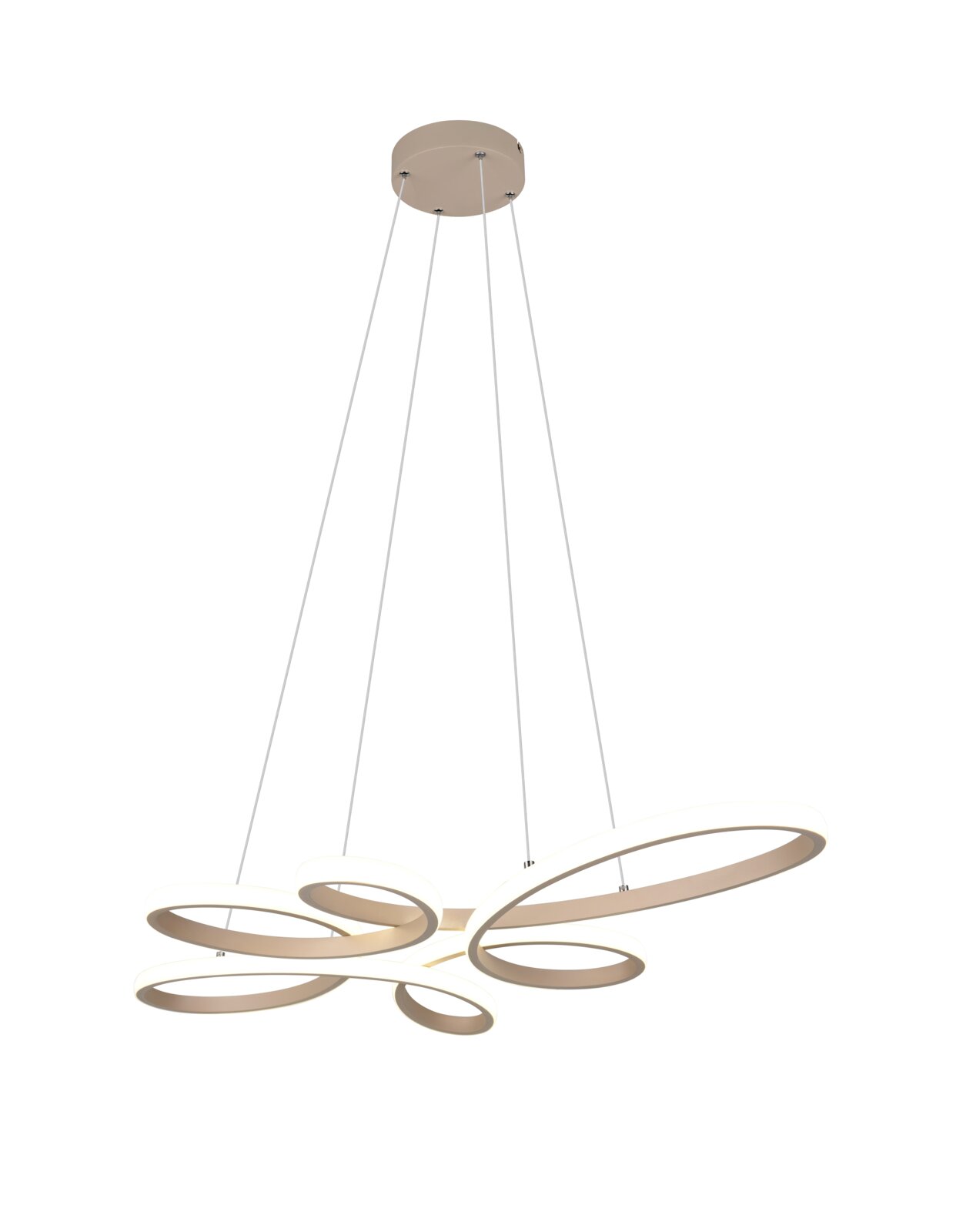 Moderne LED-Pendelleuchte in Beige/Champagner mit mehreren ovalen, verschlungenen Lichtringen an vier Abhängeseilen, freigestellt auf weißem Hintergrund, Ansicht schräg von unten