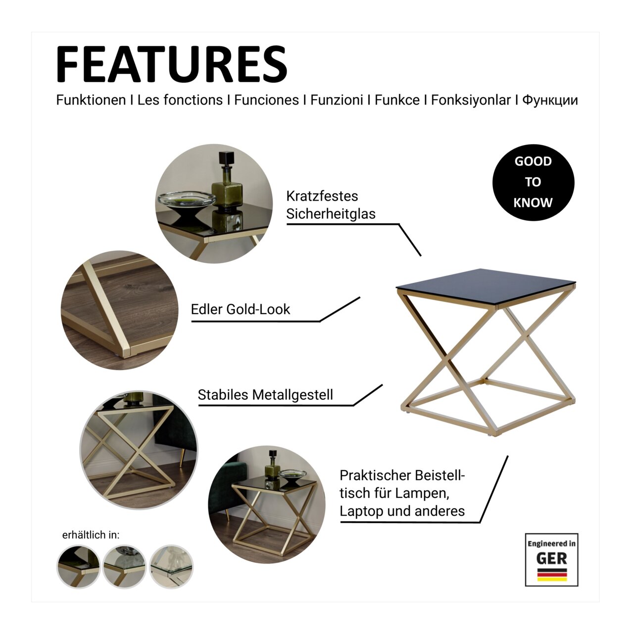 Moderner Beistell- oder Nachttisch mit kratzfestem Sicherheitsglas und stabilem Metallgestell in edlem Gold-Look, seitliche Perspektive.
