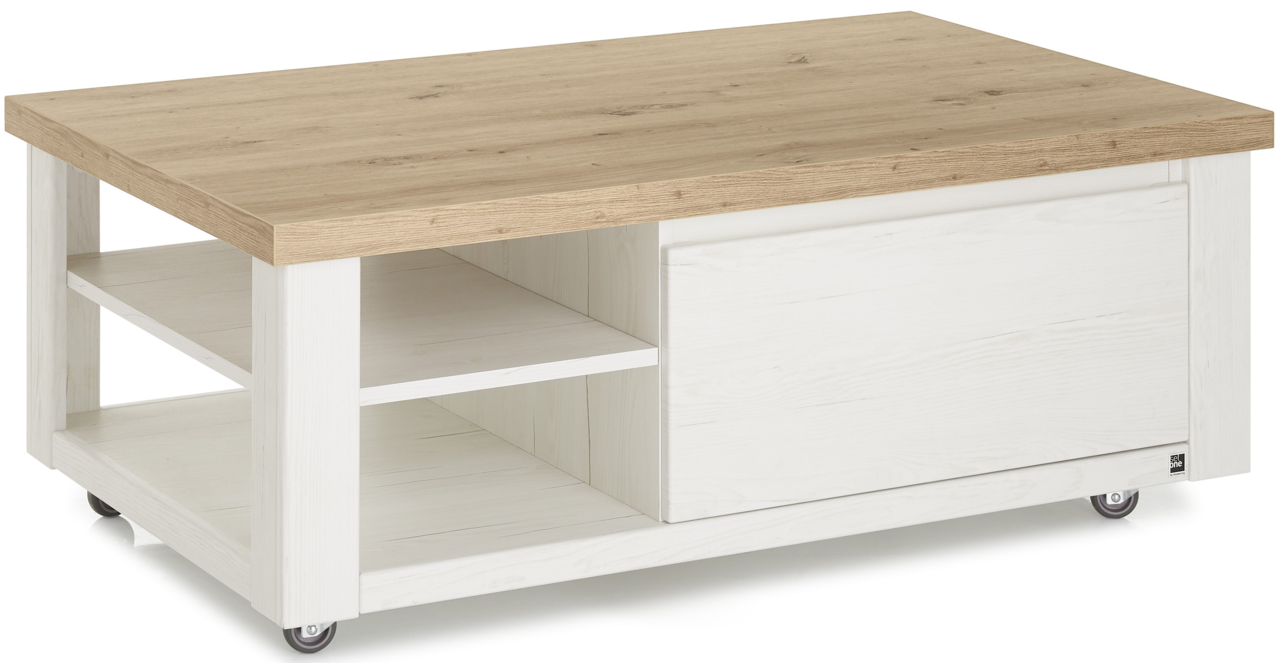 Set one by Musterring Couchtisch SET ONE YORK Moderner Couchtisch mit Holzoptik und weißen Elementen, auf Rollen, seitliche Perspektive
