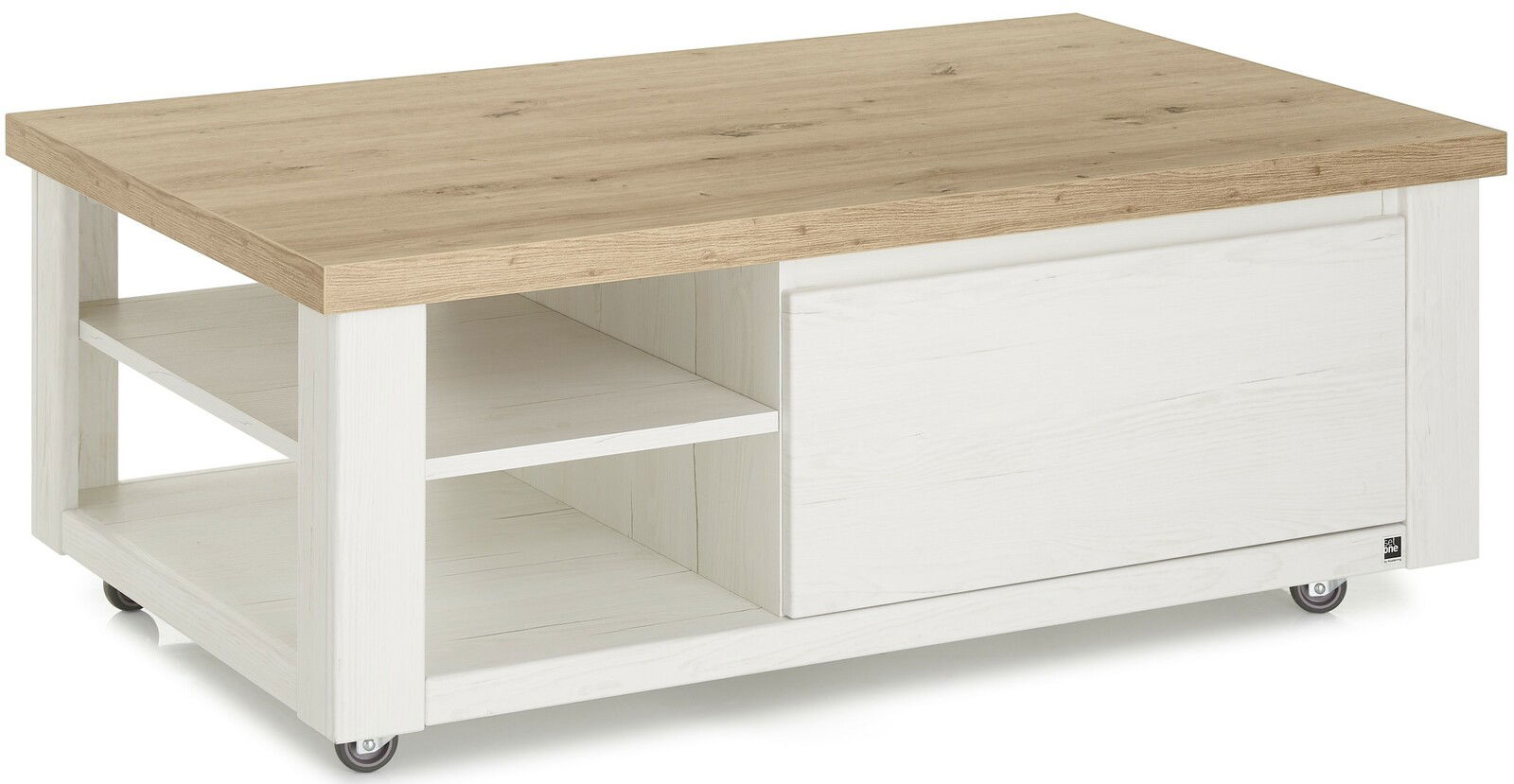 Moderner Couchtisch mit Holzoptik und weißen Elementen, auf Rollen, seitliche Perspektive