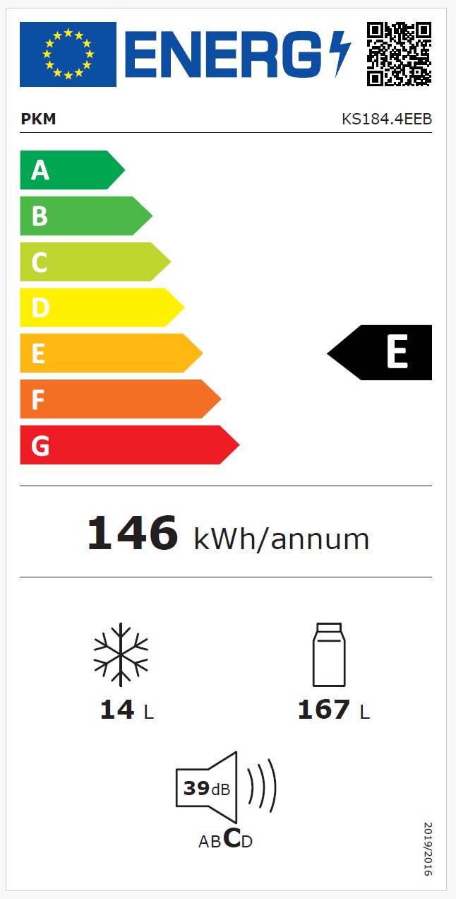 EU-energielabel voor PKM KS184.4EEB met energieklasse E, verbruik 146 kWh/jaar, inhoud 167 L koelen en 14 L vriezen, geluidsniveau 39 dB; frontale aanzicht.