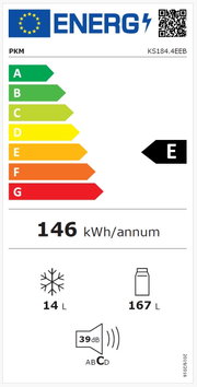 EU-energielabel voor PKM KS184.4EEB met energieklasse E, verbruik 146 kWh/jaar, inhoud 167 L koelen en 14 L vriezen, geluidsniveau 39 dB; frontale aanzicht.