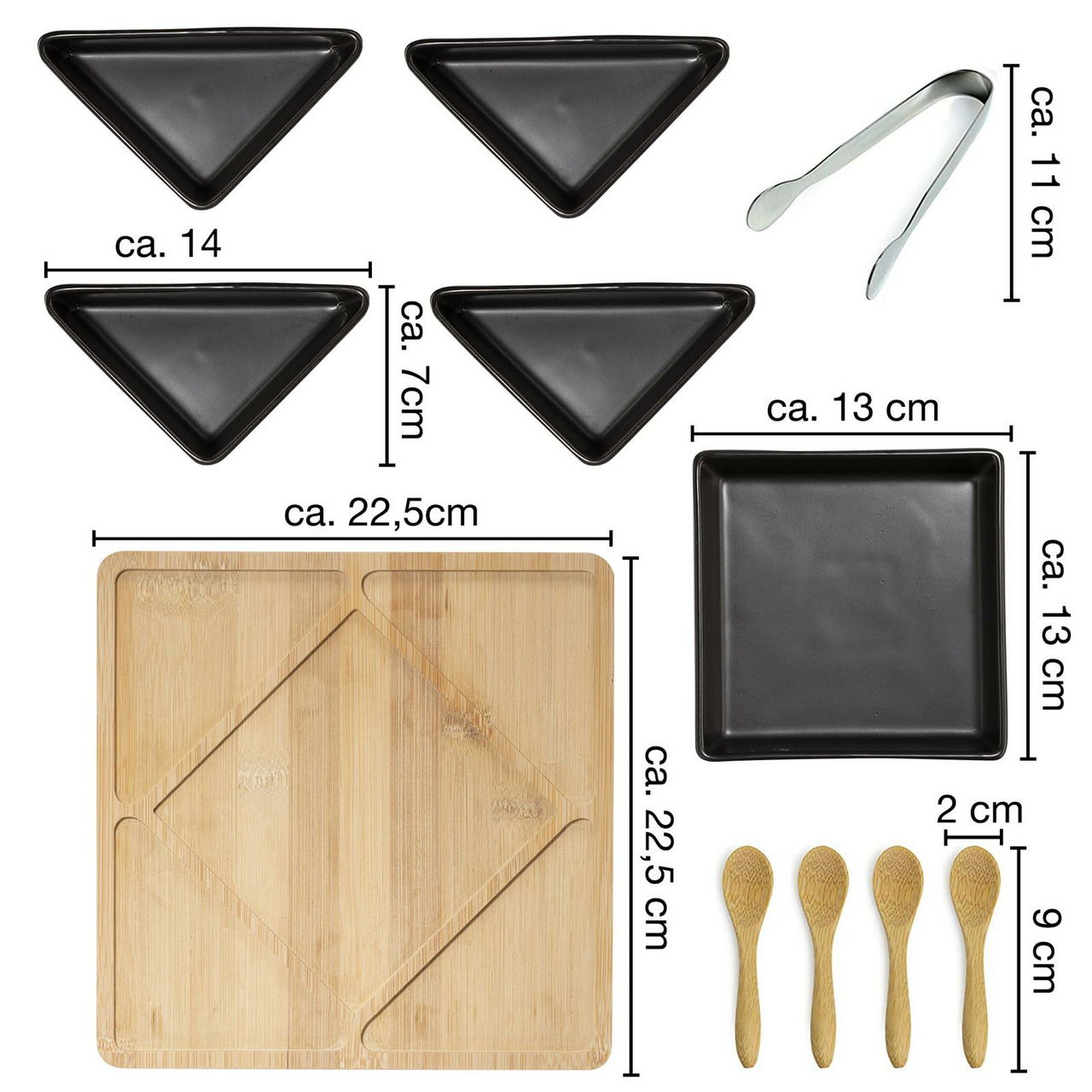 Servierset aus Bambus mit fünf schwarzen Schalen, einer Zange und vier kleinen Löffeln, aus der Vogelperspektive.