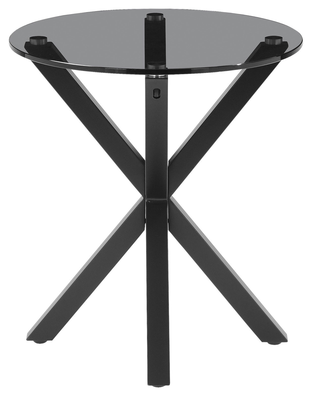 Runder Beistelltisch mit schwarzer Glasplatte und schwarzem Metallgestell, frontal betrachtet.